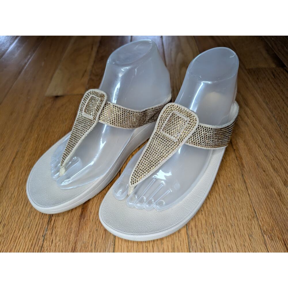 FitFlop Rhinestone Embellished Thong Sandal Taupe Beige Comfort Platform 7